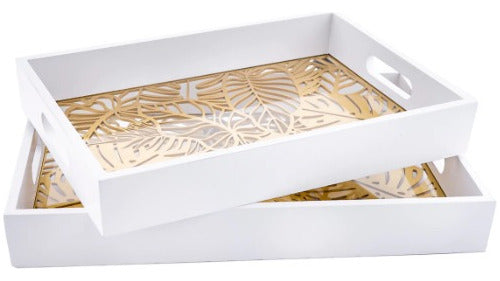 LDN Wooden Breakfast Tray with Golden Cut-Out Leaves 34x24x5 0