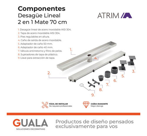 Rejilla Lineal Ducha Baño Desague 70cm Atrim Acero Inca 2en1 5