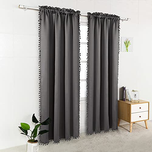 Lordtex Darkening Curtains with Pom Poms for Bedroom, 42 x 95 6