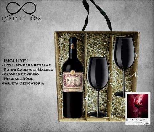 Box Regalo Empresarial Vino Rutini C Malbec + 2 Copas Negras 1