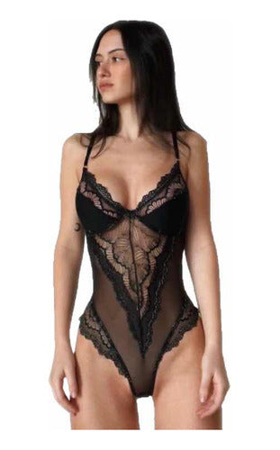 Basics Bodysuit De Encaje Negro Body Dama Sexi 0