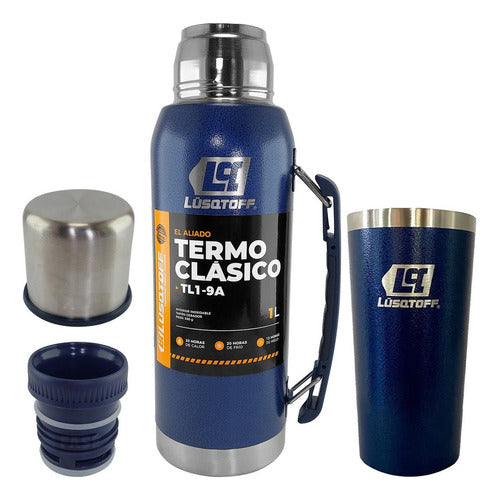 Lusqtoff Stainless Steel 1 Liter Thermos Blue Cold Hot with Thermal Cup Gift 0