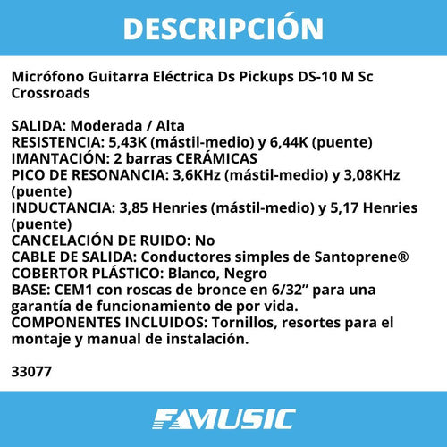 DS PICKUPS Micrófono Guitarra Eléctrica DS-10 Middle SC Crossroads 1