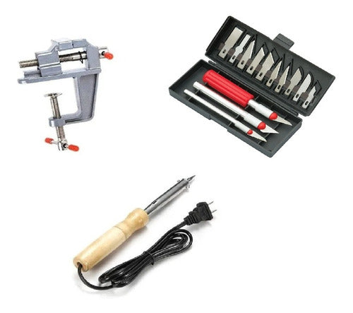 Light Table Vice Combo Mini Morsa De Banco 30 Mm + Soldering Iron + Precision Cutter Kit X13 0