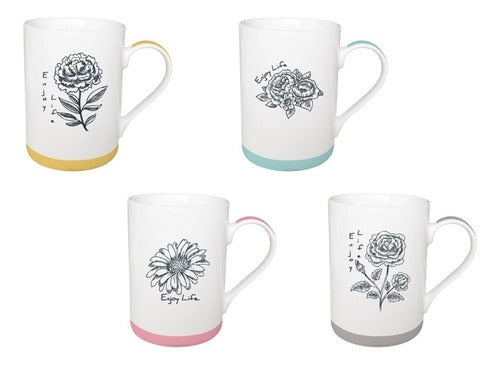 Selecta Set X 4 Tazas Mug Flores Borde Color Cerámica 340 Ml 0