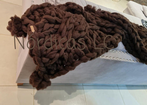 XXL Nordic Chocolate Hand-Woven Blanket 2.30 x 0.60 + Braid + Pompon 2