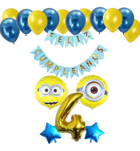 Minions Balloons Set: 2 Balloons + Banner + Large Number + 2 Stars + 12 Latex 3