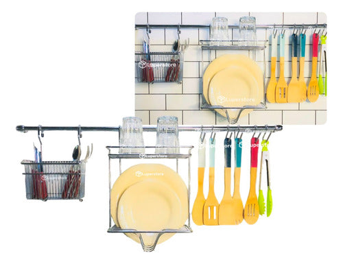 ORDINATO Hanging Dish Rack Set with Cutlery Holder, 90 cm Bar, and 6 S Hooks 0