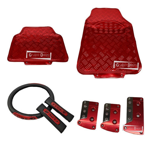 Grupo Dago Sports Aluminum Pedal Set + Tuning Floor Mats + Leather Steering Wheel Cover + Seat Belt Cover Set 0