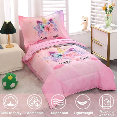 Juego De Ropa De Cama Para Niñas 4 Piezas Rosa Unicornio Flo 1