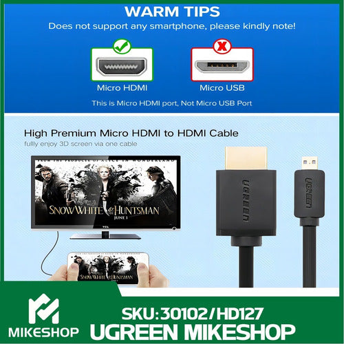 Premium Micro HDMI to HDMI Cable 1.5 Meters HD 1080p by Ugreen 5