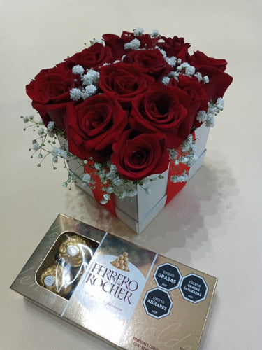 Floreria Express Ramo 12 Rosas Cubo Con Bombones Ferrero Rocher X 8 1