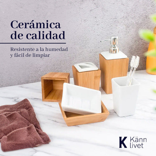 Känn Livet Premium Bamboo Ceramic Bathroom Set Dispenser Organizer 3