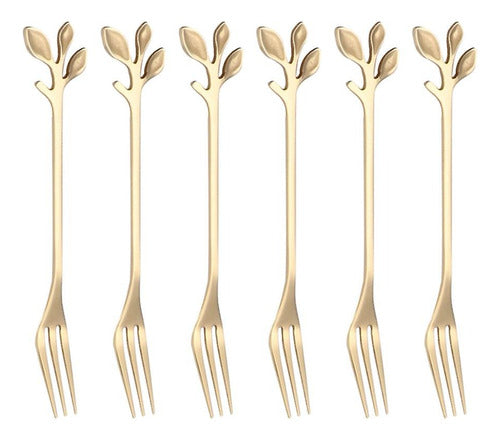 Set of 6 Stainless Steel Cocktail Forks with Gold Leaf Design 0