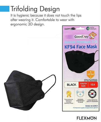 FLEXMON KF94 Face Masks for Kids, Four Layers (Pack of 10, Black) 1