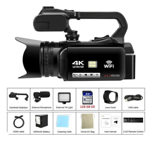 4K Videocámara 64MP 60FPS, HD Auto Focus Vlogging 4.0 Pantalla Táctil 18X Zoom Cámara Digital con Micrófono, Estabilizador de Mano, Tarjeta SD 64G, Control Remoto, Cargador 0