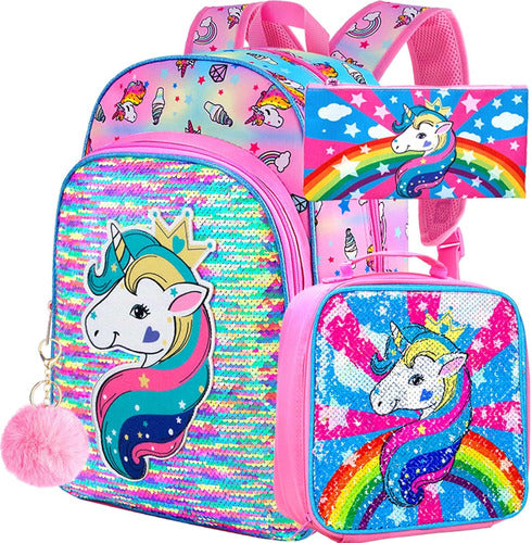 Mochila Y Lonchera Unicornio Para Niñas, 40cm, 3 Piezas 0