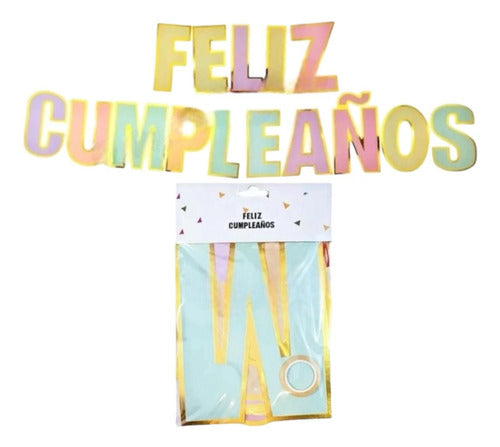 Guirnalda Banderin Feliz Cumpleaños Color Pastel Y Dorado 0