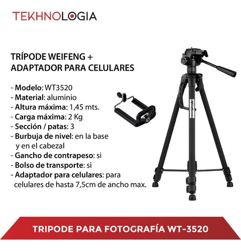 Weifeng WF3520 Tripod + Smartphone Adapter, 1.45m Height, Black 1