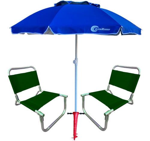 Set of 2 Reinforced Aluminum Beach Chairs 90kg + Super Strong 2m Umbrella 88