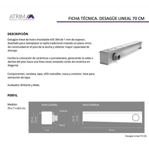 Atrim Linear Drain Inca for Shower 70x7cm 1