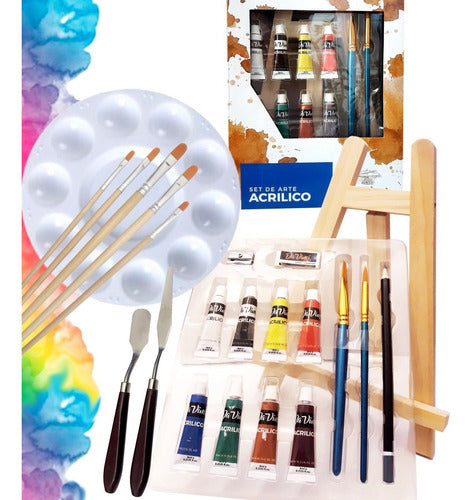 Set Pintura Acrílica, Atril, Pinceles, Paleta, Espátulas. 0