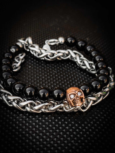 Skull Factory Joyas Pulsera Calavera Dj Doble Onix Y Acero Modelo Exclusivo 2