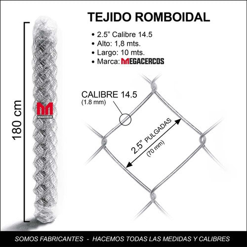 MEGACERCOS Tejido Romboidal 2.5'' 1.8x10 Mts Cal 14.5 Alambre 1 Rollo 1