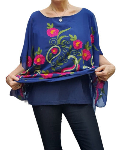 Wide Poncho Style Blouse / Tunic Embroidered with Flowers 5