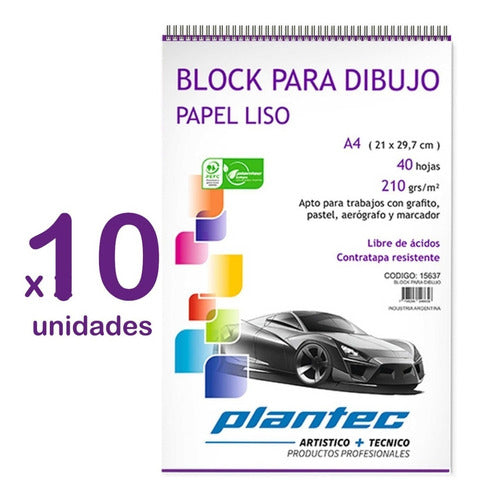 10 Block Para Dibujo A4 Espiral Plantec 40 Hojas 1