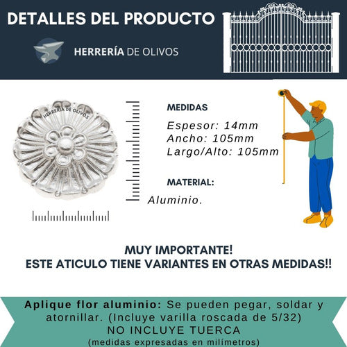 HERRERÍA DE OLIVOS Aplique Flor Reja Aluminio 105 Mm Atornillar - 1 Unidad 1