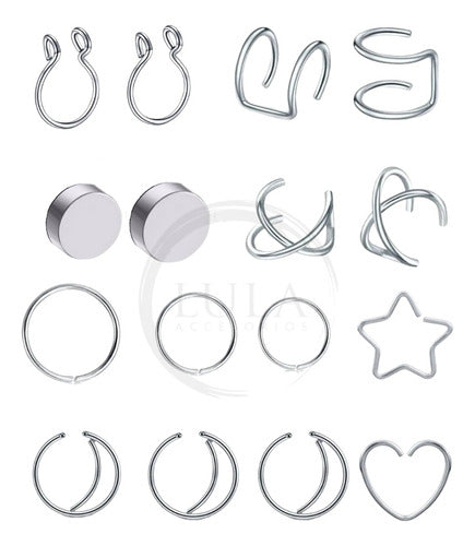 Lula Accesorios Combo Piercing Falsos Fake X16 Helix Cuff Nariz Oreja Acero 0