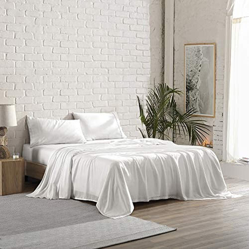 Brielle Home Tencel Lyocell Satin Sheet Set, White, King 1