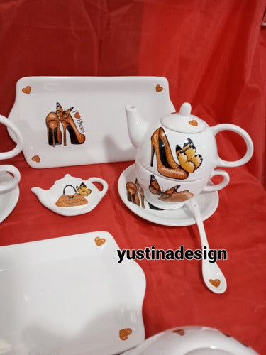 Yustina Complete 6 Piece Tea Set: Teapot, Cup, Plate, Tray, Spoon & Tea Bag Holder 3