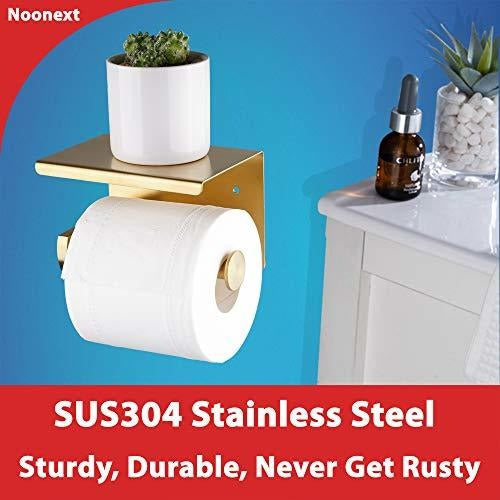 Adhesive Toilet Paper Holder with Shelf - SUS304 Stainless Steel - Brushed Gold 1