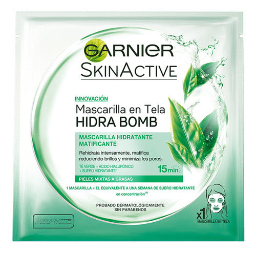 Garnier Skin Active Green Tea Hydrabomb Fabric Face Mask Pack of 6 - Mascarilla Tela Garnier Skin Active Green Tea Hidra Bomb 6U