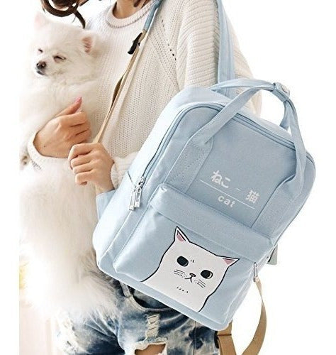 E-youth Mochila De Lona Estilo Japonesa Gato Kawaii (azul) 1