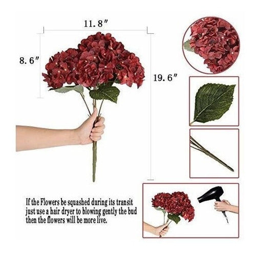 Blooming Paradise Artificial Hydrangeas 1 Stem - 5 Flowers - 16cm Diameter - Dark Red 3