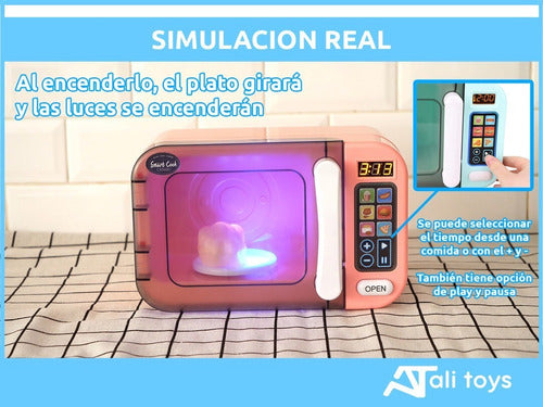 ALITOYS Set Microondas Juguete Luz Sonido Movimiento + Comida Bebida 3