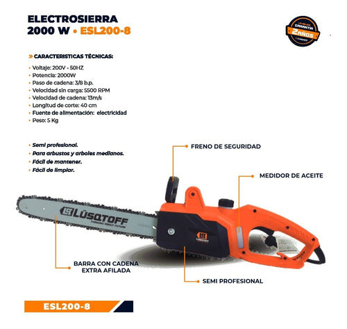 Lüsqtoff Electrosierra Motosierra Esl200 2000W 40cm + Aceite 1