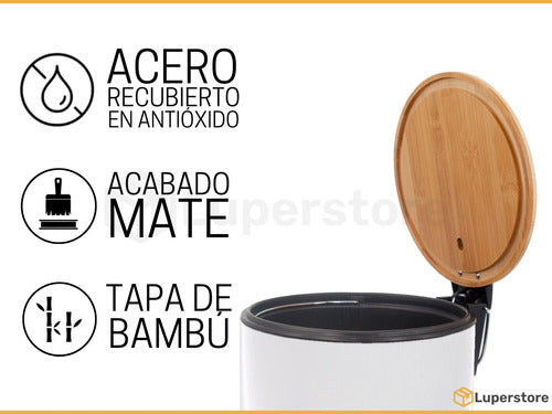 Vonne Set Baño Cesto 3L Acero Pedal Blanco Organizador Ducha Bambú 3