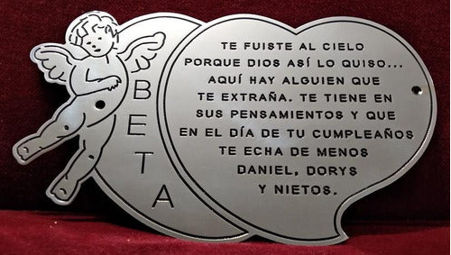 Grabados Artisticos Memorial Plaque 25x15 Stainless Steel Double Heart Angel 1