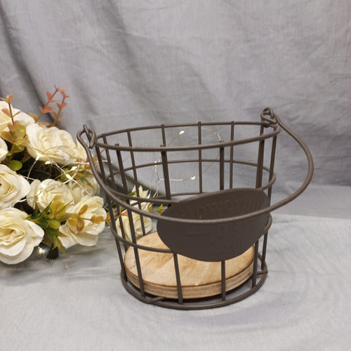 Round Metal Basket with Wooden Base Industrial Style 1