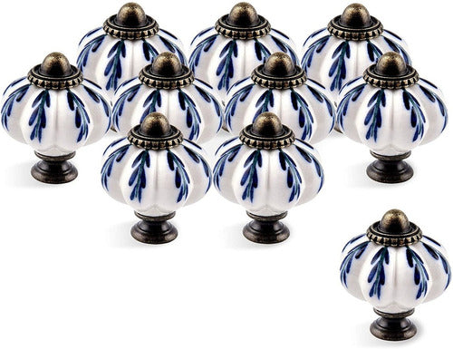 Ieik 10pcs Pumpkin Ceramic Drawer Knobs, Dresser Knobs Vintage Door Pull Handles Retro Antique Floral Leaf Pattern For Furniture Drawer Dresser Cabinet With Screws (White/Blue) 0