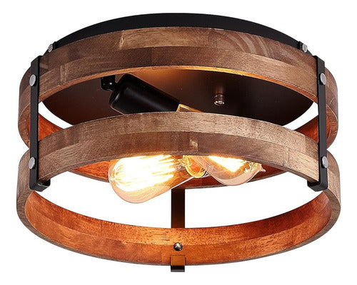 2-light Rustic Flush Mount Light Fixture Oak Wood Round Drum 0