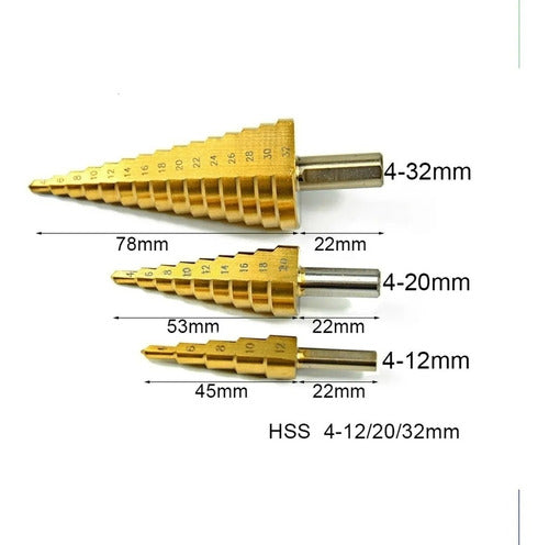 Lüsqtoff Set of 3 Titanium Step Drill Bits 4-12/20/32 1