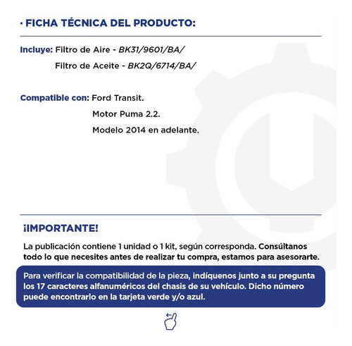 Ford Kit Filtros Aceite + Aire Transit Puma 2.2 14+ Original 1