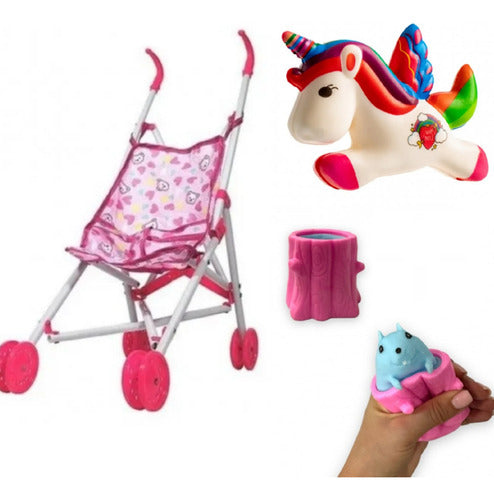 Toy Stroller + Squishy Unicorn + Squishy Squirrel Combo 0