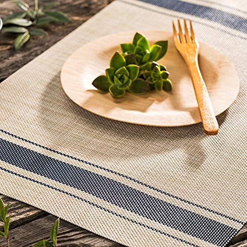 Restaurantware Khaki French Vinyl Placemat - With Navy Stripe 1