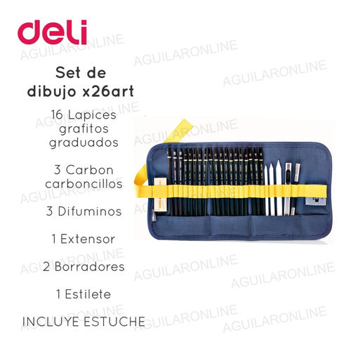 Deli Drawing Set 26 Items Graphite Pencils Eraser Case 1